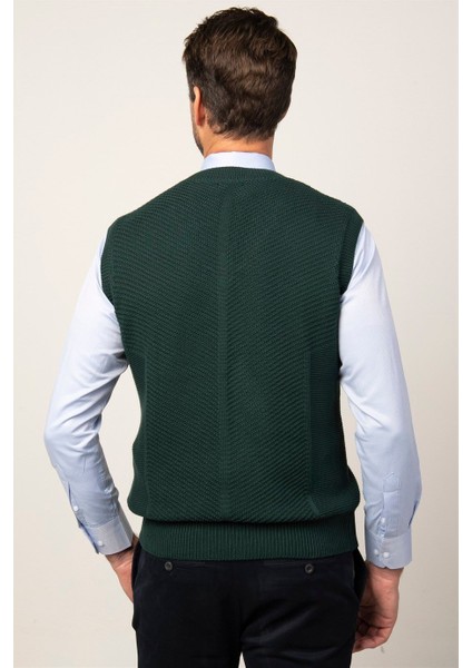 Erkek Slim Fit V Yaka Kendinden Desenli Yeşil Süveter fırsatları