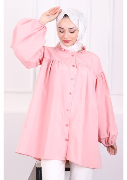 Pudra Yaka Fırfırlı Balon Kol Tunik modelleri