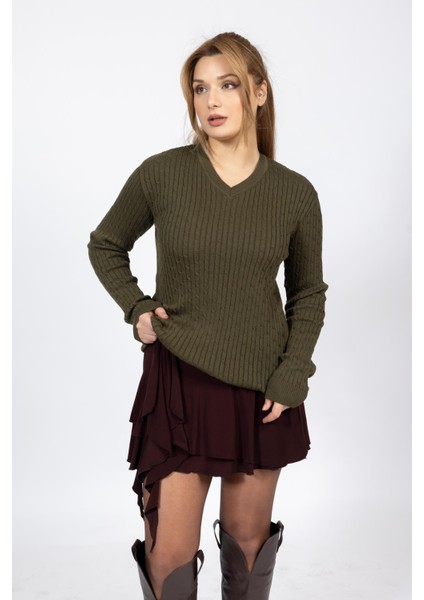 Vs Bayan V Yaka Saç Örgü U.kol Kazak Trk Haki Yeşil