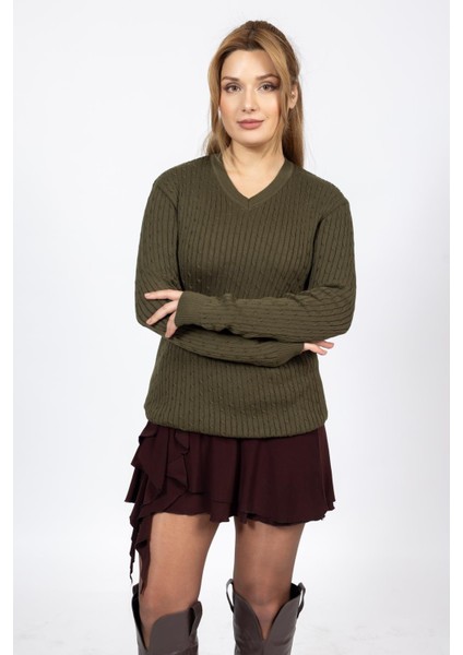 Vs Bayan V Yaka Saç Örgü U.kol Kazak Trk Haki Yeşil modelleri