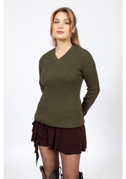 Vs Bayan V Yaka Saç Örgü U.kol Kazak Trk Haki Yeşil fırsatları