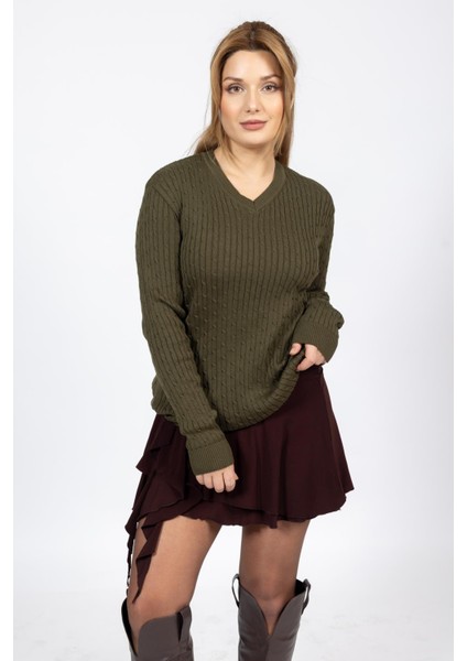 Vs Bayan V Yaka Saç Örgü U.kol Kazak Trk Haki Yeşil indirimleri