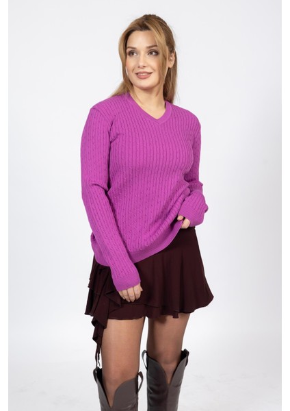 Vs Bayan V Yaka Saç Örgü U.kol Kazak Trk Fuşya