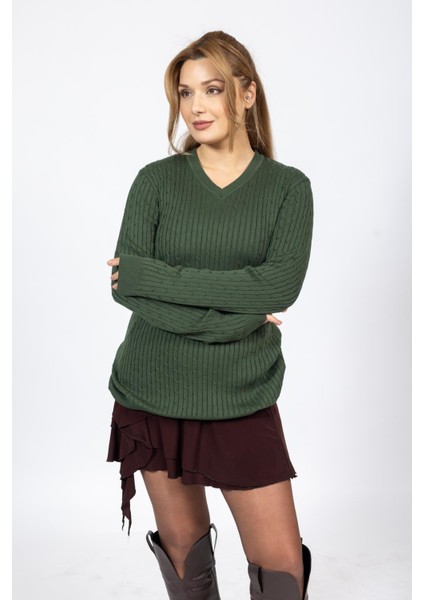 Vs Bayan V Yaka Saç Örgü U.kol Kazak Trk Yeşil