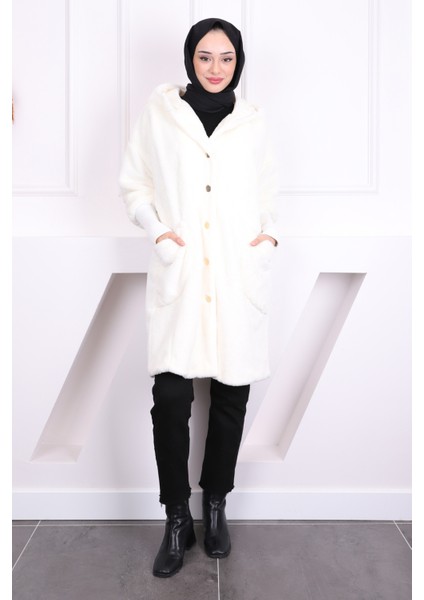 Krem Kapüşonlu Angora Kaban