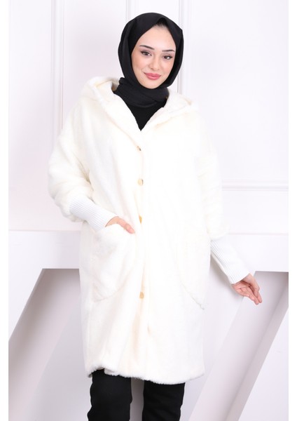 Krem Kapüşonlu Angora Kaban modelleri