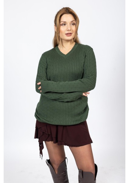 Vs Bayan V Yaka Saç Örgü U.kol Kazak Trk Yeşil fırsatları