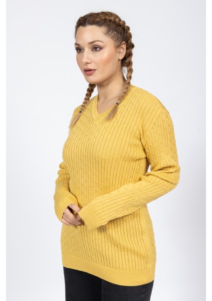 Vs Bayan V Yaka Saç Örgü U.kol Kazak Trk Hardal fırsatları