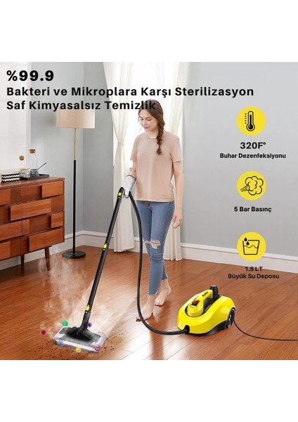 S608 Yeni Nesil Çok Fonksiyonel 28 Adet Aksesuar 5 Metre Kablolu Buharlı Temizlik Makinesi
