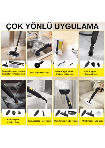 S608 Yeni Nesil Çok Fonksiyonel 28 Adet Aksesuar 5 Metre Kablolu Buharlı Temizlik Makinesi