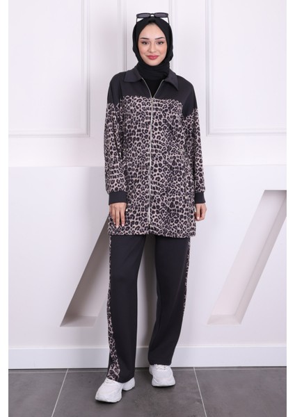 Füme Gri Bel Büzgülü Modal Tunik Pantolonlu Takım