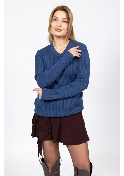 Vs Bayan V Yaka Saç Örgü U.kol Kazak Trk Indigo