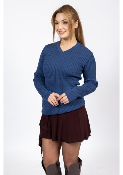 Vs Bayan V Yaka Saç Örgü U.kol Kazak Trk Indigo fiyatları