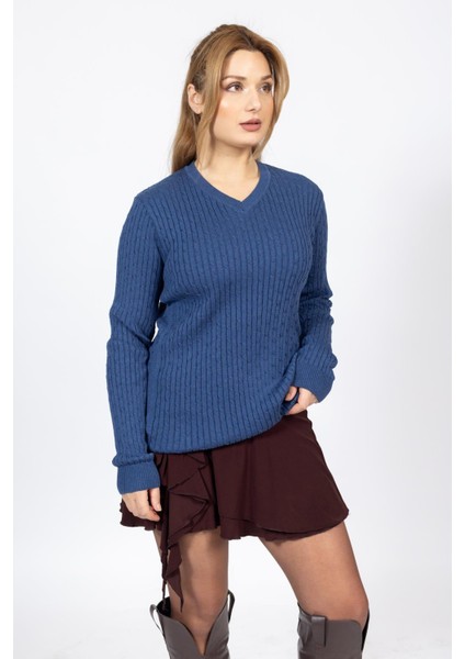 Vs Bayan V Yaka Saç Örgü U.kol Kazak Trk Indigo fırsatları