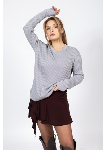 Vs Bayan V Yaka Saç Örgü U.kol Kazak Trk Gri