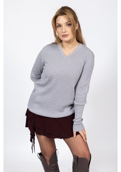 Vs Bayan V Yaka Saç Örgü U.kol Kazak Trk Gri modelleri