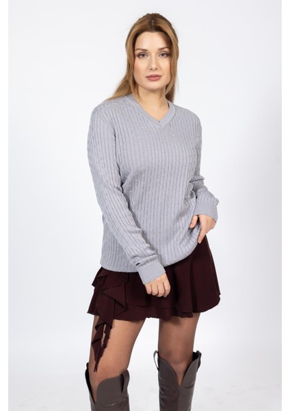 Vs Bayan V Yaka Saç Örgü U.kol Kazak Trk Gri fırsatları