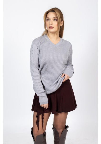 Vs Bayan V Yaka Saç Örgü U.kol Kazak Trk Gri indirimleri