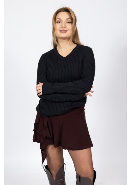 Vs Bayan V Yaka Saç Örgü U.kol Kazak Trk Siyah fırsatları