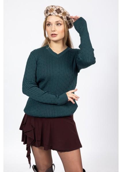 Vs Bayan V Yaka Saç Örgü U.kol Kazak Trk Petrol Yeşili