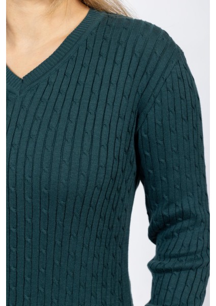 Vs Bayan V Yaka Saç Örgü U.kol Kazak Trk Petrol Yeşili fiyatları