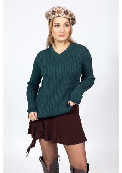 Vs Bayan V Yaka Saç Örgü U.kol Kazak Trk Petrol Yeşili modelleri