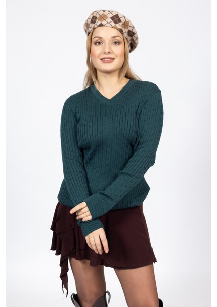 Vs Bayan V Yaka Saç Örgü U.kol Kazak Trk Petrol Yeşili fırsatları