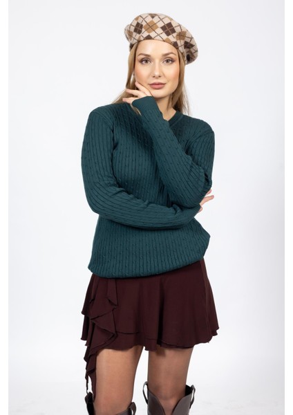 Vs Bayan V Yaka Saç Örgü U.kol Kazak Trk Petrol Yeşili indirimleri