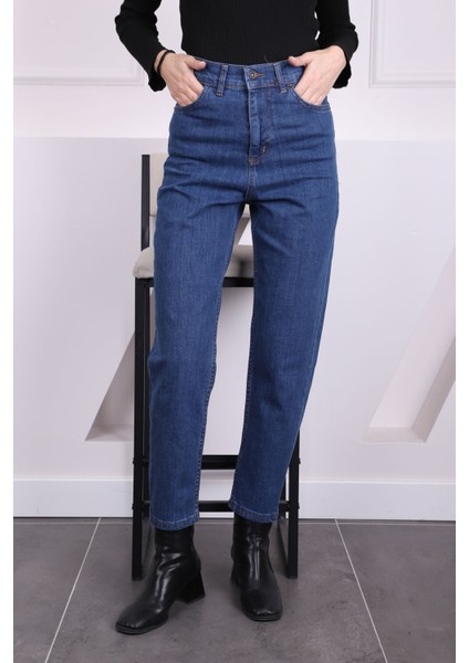 Koyu Mavi Yüksek Bel Mom Jeans Pantolon