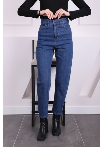 Koyu Mavi Yüksek Bel Mom Jeans Pantolon fırsatları