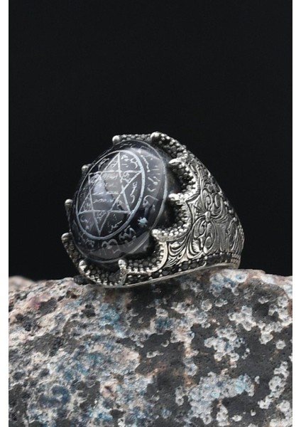 Özel Tasarım 925 Ayar Gümüş Erkek Yüzüğü Sıkma Kehribar Taşlı Hz. Süleyman Mührü 901446