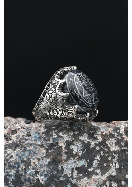 Özel Tasarım 925 Ayar Gümüş Erkek Yüzüğü Sıkma Kehribar Taşlı Hz. Süleyman Mührü 901446 fiyatları