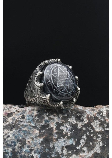 Özel Tasarım 925 Ayar Gümüş Erkek Yüzüğü Sıkma Kehribar Taşlı Hz. Süleyman Mührü 901446 modelleri