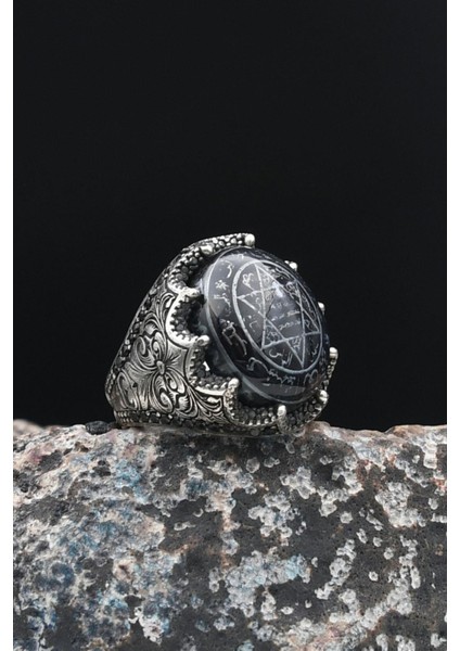 Özel Tasarım 925 Ayar Gümüş Erkek Yüzüğü Sıkma Kehribar Taşlı Hz. Süleyman Mührü 901446 fırsatları