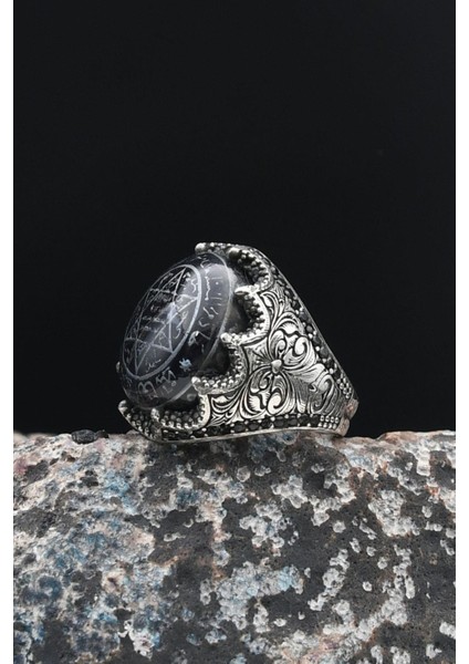 Özel Tasarım 925 Ayar Gümüş Erkek Yüzüğü Sıkma Kehribar Taşlı Hz. Süleyman Mührü 901446 indirimleri