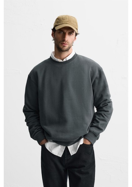 Erkek Yumuşak Dokulu Içi Polarlı Rahat Kalıp Sweatshirt