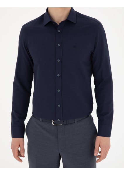 Erkek Lacivert Slim Fit Armürlü Uzun Kollu Gömlek 50289416-VR033