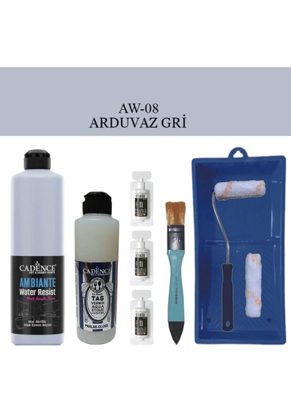 Boya Fayans Tezgah B-Ambiente Islak Zemin Aw-08 Ard.gri 500ML Katalizör 30GR Taş Vernik 250 Saten Rulo Set