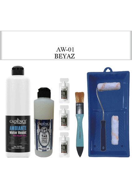 Boya Fayans Tezgah B-Ambiente Islak Zemin Aw-01 Beyaz 500ML Katalizör 30GR Taş Vernik 250 Saten Rulo Set