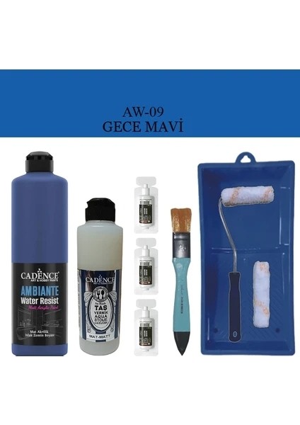 Boya Fayans Tezgah B-Ambiente Islak Zemin Aw-09 Gece Mavisi 500ML Katalizör 30GR Mat Taş Vernik 250 Saten Rulo Set