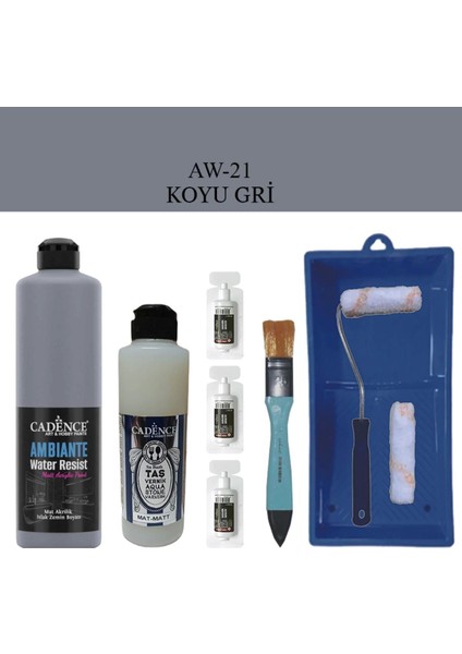 Boya Fayans Tezgah B-Ambiente Islak Zemin Aw-21 Koyu Gri 500ML Katalizör 30GR Mat Taş Vernik 250 Saten Rulo Set
