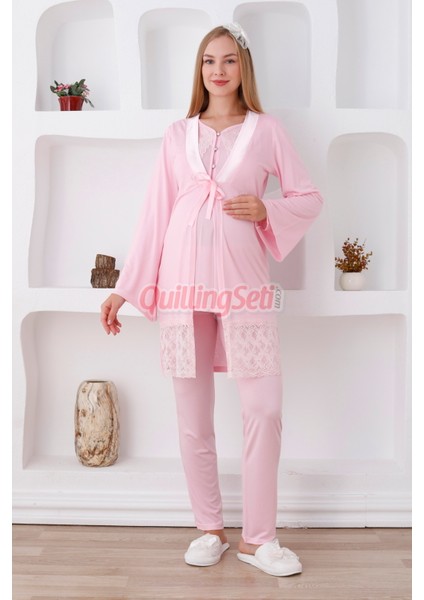 Renk Seçenekli Dantel Detaylı Sabahlıklı 3 Parça Hamile Pijama Takımı - Lohusa Seti 3422 modelleri
