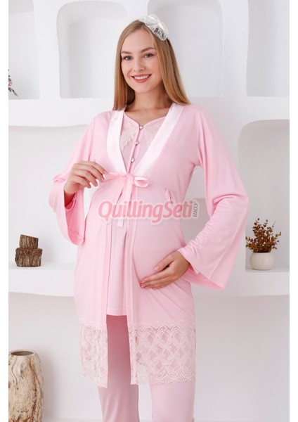 Renk Seçenekli Dantel Detaylı Sabahlıklı 3 Parça Hamile Pijama Takımı - Lohusa Seti 3422 fırsatları
