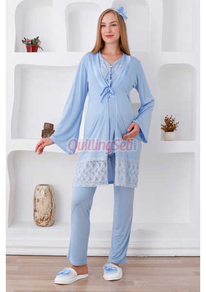 Renk Seçenekli Dantel Detaylı Sabahlıklı 3 Parça Hamile Pijama Takımı - Lohusa Seti 3422 fiyatları
