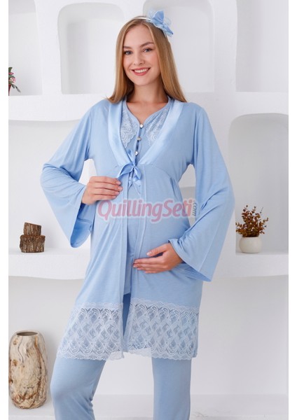 Renk Seçenekli Dantel Detaylı Sabahlıklı 3 Parça Hamile Pijama Takımı - Lohusa Seti 3422 modelleri