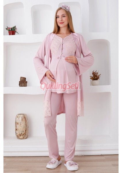 Renk Seçenekli Dantel Detaylı Sabahlıklı 3 Parça Hamile Pijama Takımı - Lohusa Seti 3422