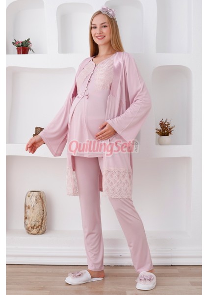 Renk Seçenekli Dantel Detaylı Sabahlıklı 3 Parça Hamile Pijama Takımı - Lohusa Seti 3422 fiyatları