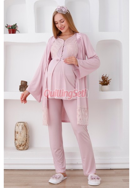 Renk Seçenekli Dantel Detaylı Sabahlıklı 3 Parça Hamile Pijama Takımı - Lohusa Seti 3422 modelleri