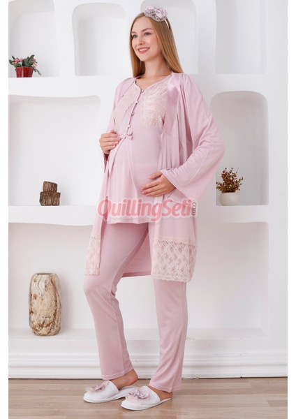 Renk Seçenekli Dantel Detaylı Sabahlıklı 3 Parça Hamile Pijama Takımı - Lohusa Seti 3422 fırsatları