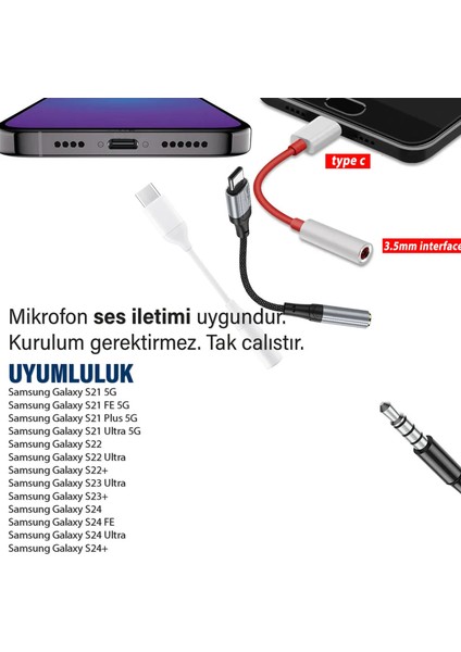 Samsung S20 - S20 Fe - S20 Ultra - S20+ Plus Uyumlu Kulaklık Dönüştürücü Type-C Jack Aparat Çevirici 3.5mm